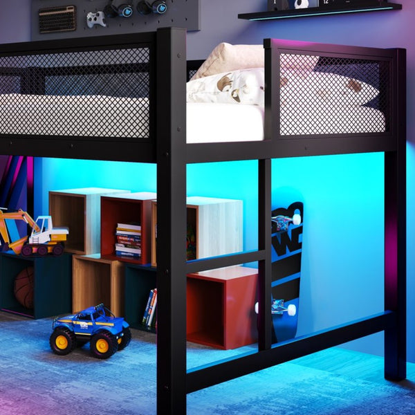 English Elm Full Size Metal Loft Bed with Desk Led Lights Usb Ports Staircase Mesh Rail W5316S00066
