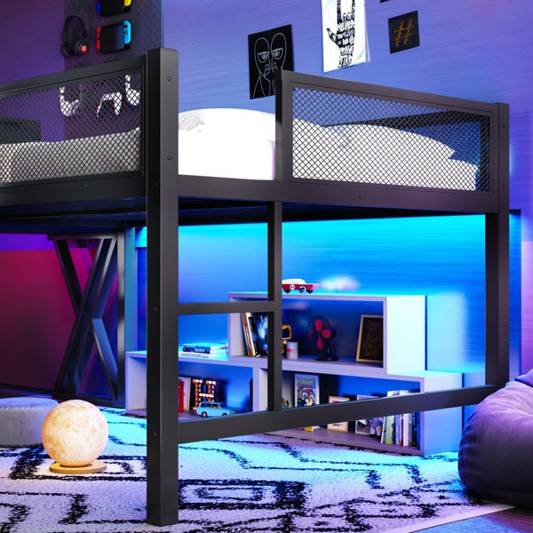 English Elm Full Size Metal Loft Bed with Desk Led Lights Usb Ports Staircase Mesh Rail W5316S00066