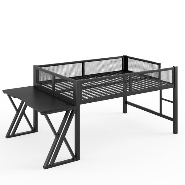 English Elm Full Size Metal Loft Bed with Desk Led Lights Usb Ports Staircase Mesh Rail W5316S00066