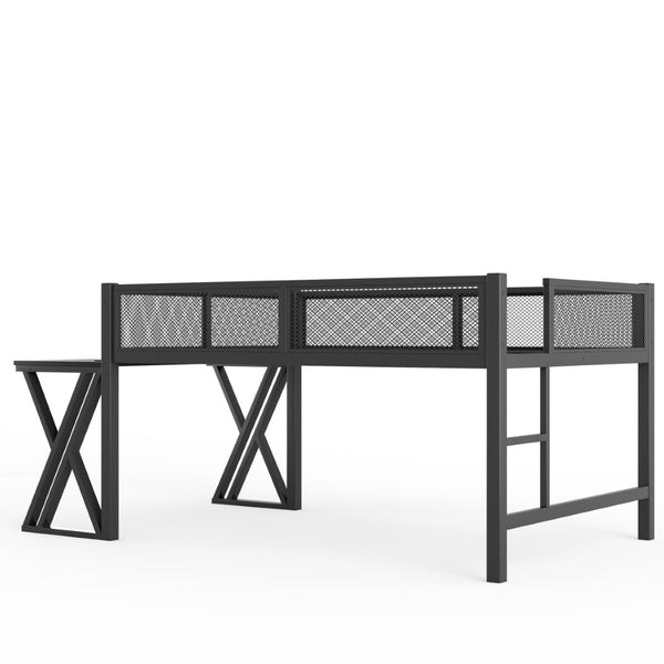 English Elm Full Size Metal Loft Bed with Desk Led Lights Usb Ports Staircase Mesh Rail W5316S00066