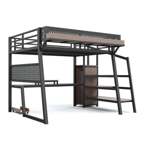 English Elm Full Metal Loft Bed with Wardrobe Stairs Pegboard Shelving USB Ports and LED Strip W5316S00068