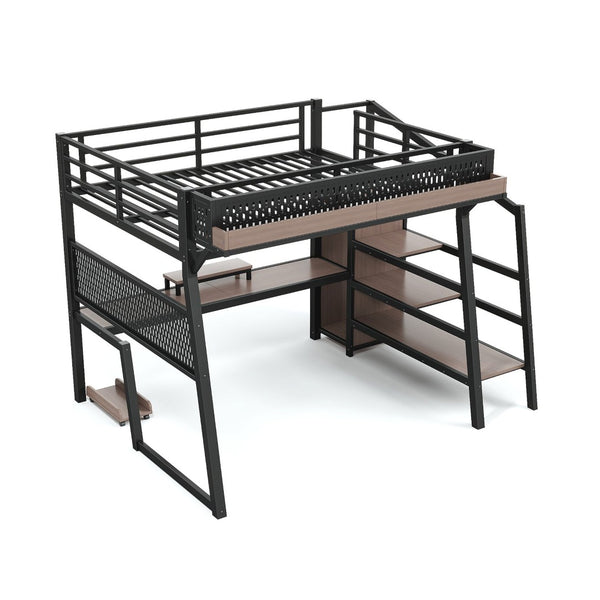 English Elm Full Metal Loft Bed with Wardrobe Stairs Pegboard Shelving USB Ports and LED Strip W5316S00068
