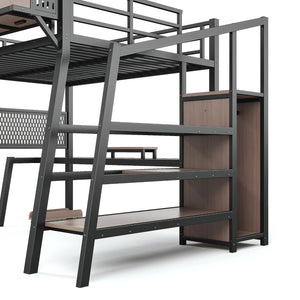 English Elm Full Metal Loft Bed with Wardrobe Stairs Pegboard Shelving USB Ports and LED Strip W5316S00068