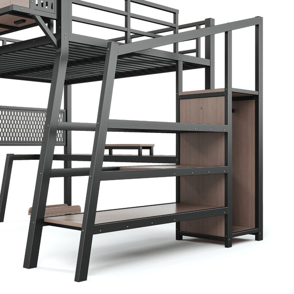 English Elm Full Metal Loft Bed with Wardrobe Stairs Pegboard Shelving USB Ports and LED Strip W5316S00068