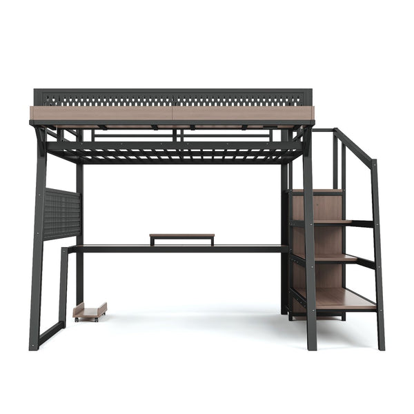 English Elm Full Metal Loft Bed with Wardrobe Stairs Pegboard Shelving USB Ports and LED Strip W5316S00068