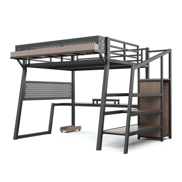 English Elm Full Metal Loft Bed with Wardrobe Stairs Pegboard Shelving USB Ports and LED Strip W5316S00068