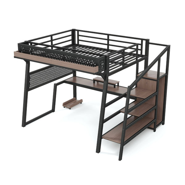 English Elm Full Metal Loft Bed with Wardrobe Stairs Pegboard Shelving USB Ports and LED Strip W5316S00068