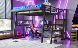 English Elm Full Metal Loft Bed with Wardrobe Stairs Pegboard Shelving USB Ports and LED Strip W5316S00068