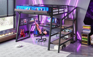 English Elm Full Metal Loft Bed with Wardrobe Stairs Pegboard Shelving USB Ports and LED Strip W5316S00068