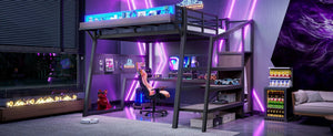 English Elm Full Metal Loft Bed with Wardrobe Stairs Pegboard Shelving USB Ports and LED Strip W5316S00068