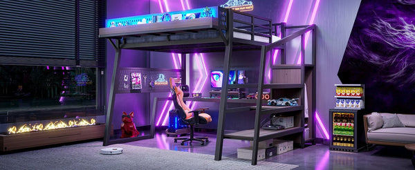 English Elm Full Metal Loft Bed with Wardrobe Stairs Pegboard Shelving USB Ports and LED Strip W5316S00068
