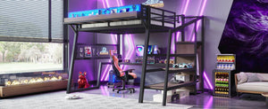 English Elm Full Metal Loft Bed with Wardrobe Stairs Pegboard Shelving USB Ports and LED Strip W5316S00068