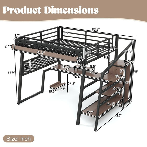 English Elm Full Metal Loft Bed with Wardrobe Stairs Pegboard Shelving USB Ports and LED Strip W5316S00068