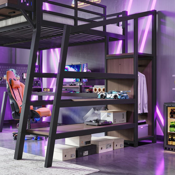 English Elm Full Metal Loft Bed with Wardrobe Stairs Pegboard Shelving USB Ports and LED Strip W5316S00068