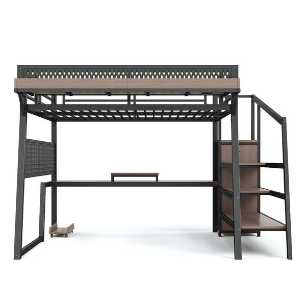 English Elm Queen Metal Loft Bed with Stairs Shelving Pegboard Wardrobe USB Ports and LED Strip W5316S00069