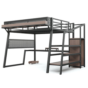 English Elm Queen Metal Loft Bed with Stairs Shelving Pegboard Wardrobe USB Ports and LED Strip W5316S00069