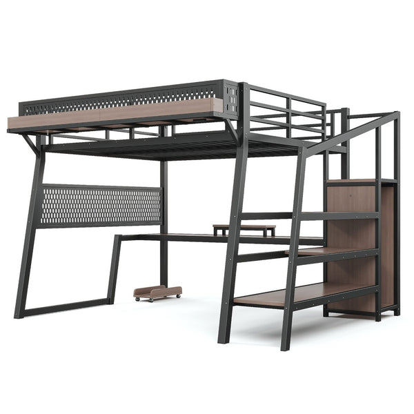 English Elm Queen Metal Loft Bed with Stairs Shelving Pegboard Wardrobe USB Ports and LED Strip W5316S00069