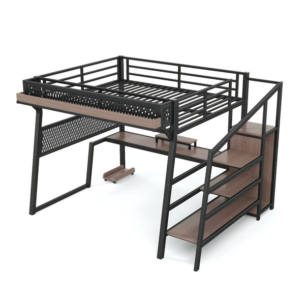 English Elm Queen Metal Loft Bed with Stairs Shelving Pegboard Wardrobe USB Ports and LED Strip W5316S00069