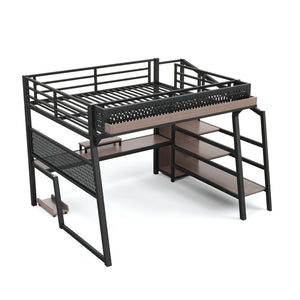 English Elm Queen Metal Loft Bed with Stairs Shelving Pegboard Wardrobe USB Ports and LED Strip W5316S00069