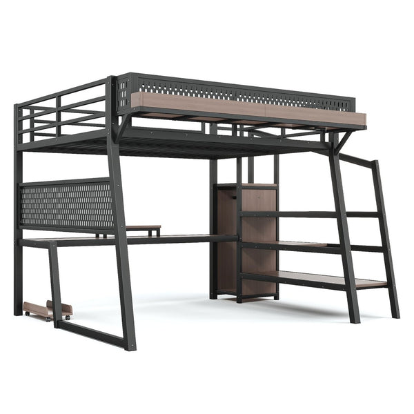 English Elm Queen Metal Loft Bed with Stairs Shelving Pegboard Wardrobe USB Ports and LED Strip W5316S00069