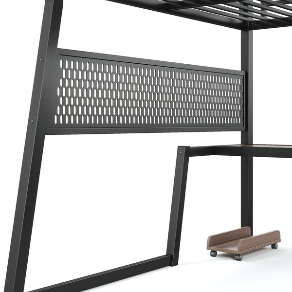 English Elm Queen Metal Loft Bed with Stairs Shelving Pegboard Wardrobe USB Ports and LED Strip W5316S00069