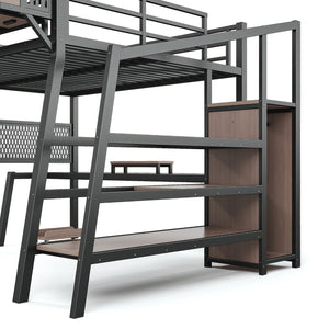 English Elm Queen Metal Loft Bed with Stairs Shelving Pegboard Wardrobe USB Ports and LED Strip W5316S00069
