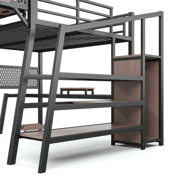 English Elm Queen Metal Loft Bed with Stairs Shelving Pegboard Wardrobe USB Ports and LED Strip W5316S00069