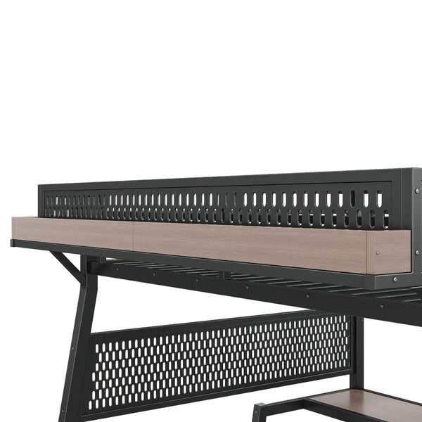 English Elm Queen Metal Loft Bed with Stairs Shelving Pegboard Wardrobe USB Ports and LED Strip W5316S00069