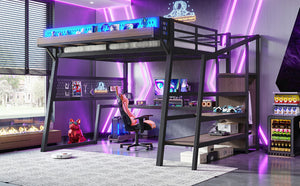 English Elm Queen Metal Loft Bed with Stairs Shelving Pegboard Wardrobe USB Ports and LED Strip W5316S00069