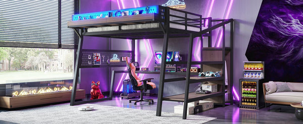 English Elm Queen Metal Loft Bed with Stairs Shelving Pegboard Wardrobe USB Ports and LED Strip W5316S00069