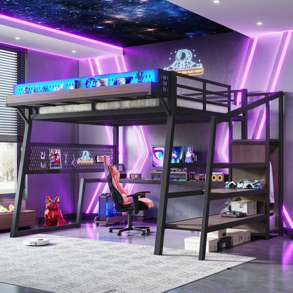 English Elm Queen Metal Loft Bed with Stairs Shelving Pegboard Wardrobe USB Ports and LED Strip W5316S00069