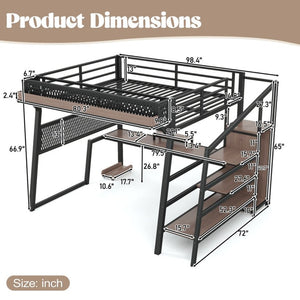 English Elm Queen Metal Loft Bed with Stairs Shelving Pegboard Wardrobe USB Ports and LED Strip W5316S00069