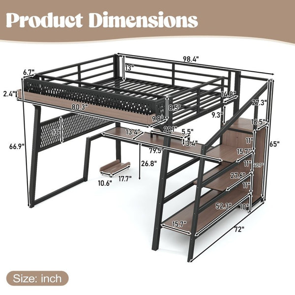 English Elm Queen Metal Loft Bed with Stairs Shelving Pegboard Wardrobe USB Ports and LED Strip W5316S00069