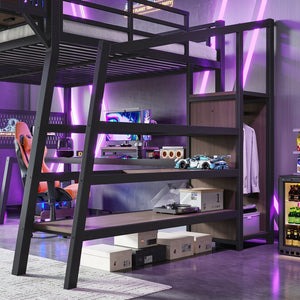 English Elm Queen Metal Loft Bed with Stairs Shelving Pegboard Wardrobe USB Ports and LED Strip W5316S00069