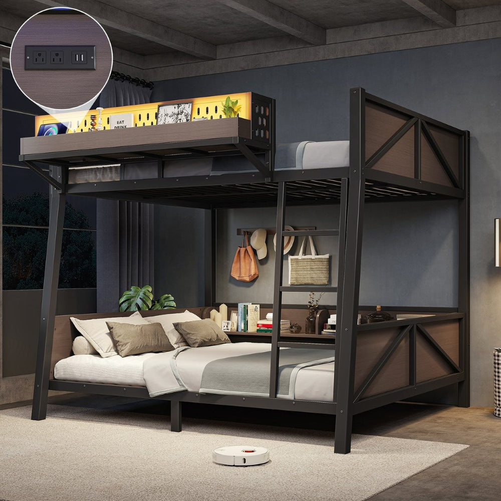 English Elm Full Metal Bunk Bed with LED Lighting USB Ports and Storage Shelves for Teens W5316S00071