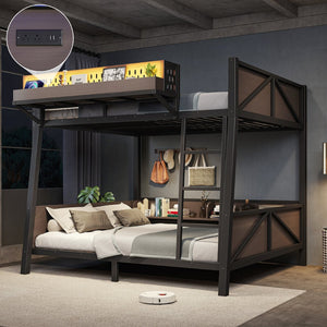 English Elm Full Metal Bunk Bed with LED Lighting USB Ports and Storage Shelves for Teens W5316S00071