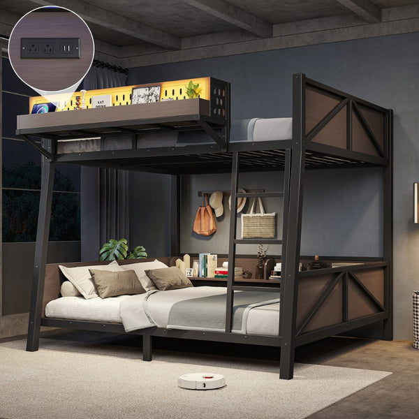 English Elm Full Metal Bunk Bed with LED Lighting USB Ports and Storage Shelves for Teens W5316S00071