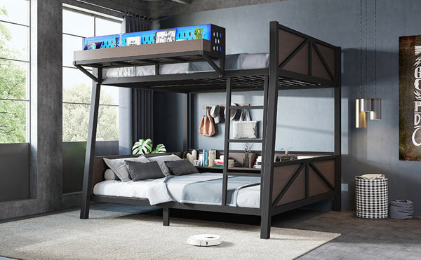 English Elm Full Metal Bunk Bed with LED Lighting USB Ports and Storage Shelves for Teens W5316S00071
