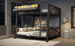 English Elm Full Metal Bunk Bed with LED Lighting USB Ports and Storage Shelves for Teens W5316S00071