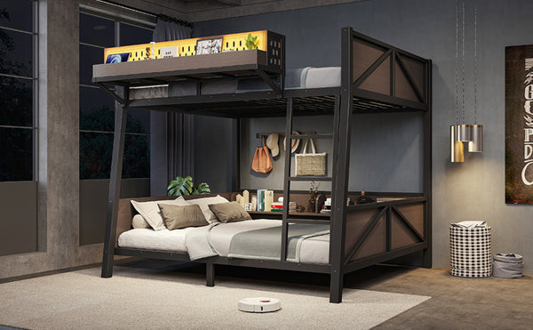 English Elm Full Metal Bunk Bed with LED Lighting USB Ports and Storage Shelves for Teens W5316S00071