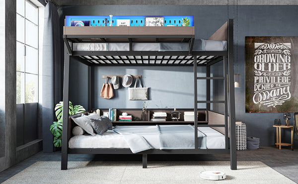 English Elm Full Metal Bunk Bed with LED Lighting USB Ports and Storage Shelves for Teens W5316S00071