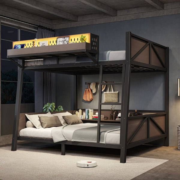 English Elm Full Metal Bunk Bed with LED Lighting USB Ports and Storage Shelves for Teens W5316S00071