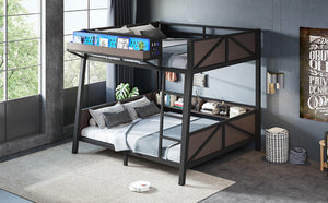 English Elm Full Metal Bunk Bed with LED Lighting USB Ports and Storage Shelves for Teens W5316S00071