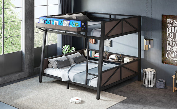 English Elm Full Metal Bunk Bed with LED Lighting USB Ports and Storage Shelves for Teens W5316S00071