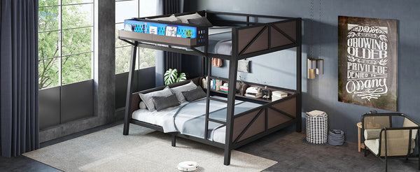 English Elm Full Metal Bunk Bed with LED Lighting USB Ports and Storage Shelves for Teens W5316S00071