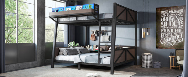 English Elm Full Metal Bunk Bed with LED Lighting USB Ports and Storage Shelves for Teens W5316S00071