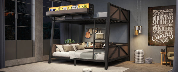 English Elm Full Metal Bunk Bed with LED Lighting USB Ports and Storage Shelves for Teens W5316S00071