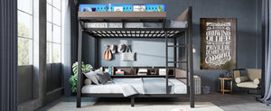 English Elm Full Metal Bunk Bed with LED Lighting USB Ports and Storage Shelves for Teens W5316S00071