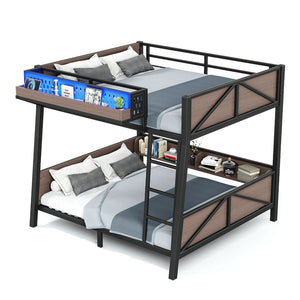 English Elm Full Metal Bunk Bed with LED Lighting USB Ports and Storage Shelves for Teens W5316S00071