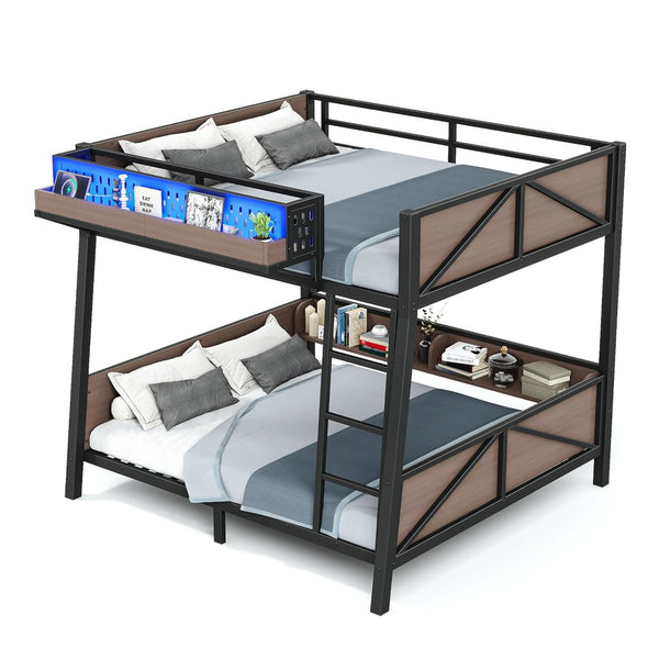 English Elm Full Metal Bunk Bed with LED Lighting USB Ports and Storage Shelves for Teens W5316S00071